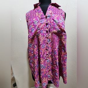 Cafe Marrakesh Pintuck Pink floral Sleeveless Collar button-up Top NWT L